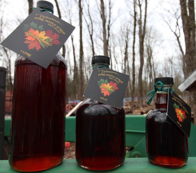 three different size bottles of maple syrup