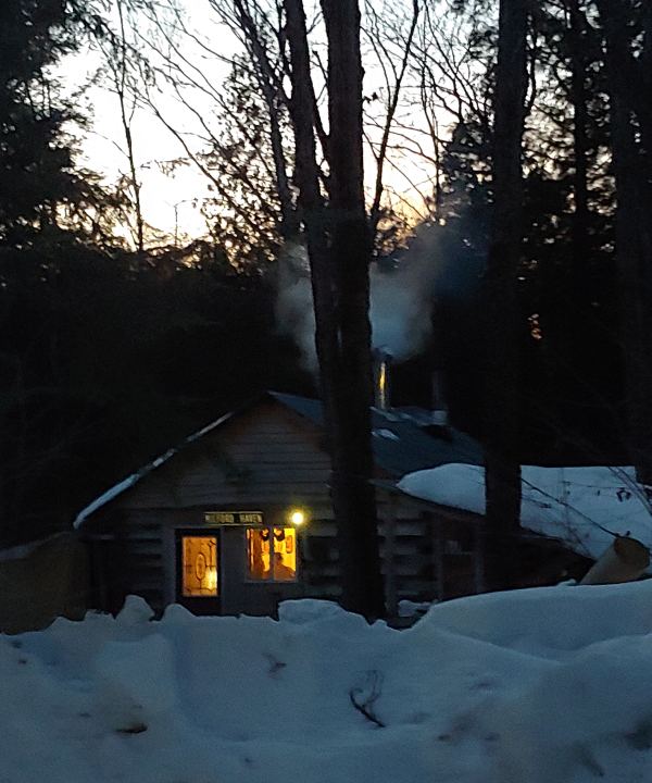 Warmly lit maple syrup shack in snowy forest at dusk with smoke rising from chimney.